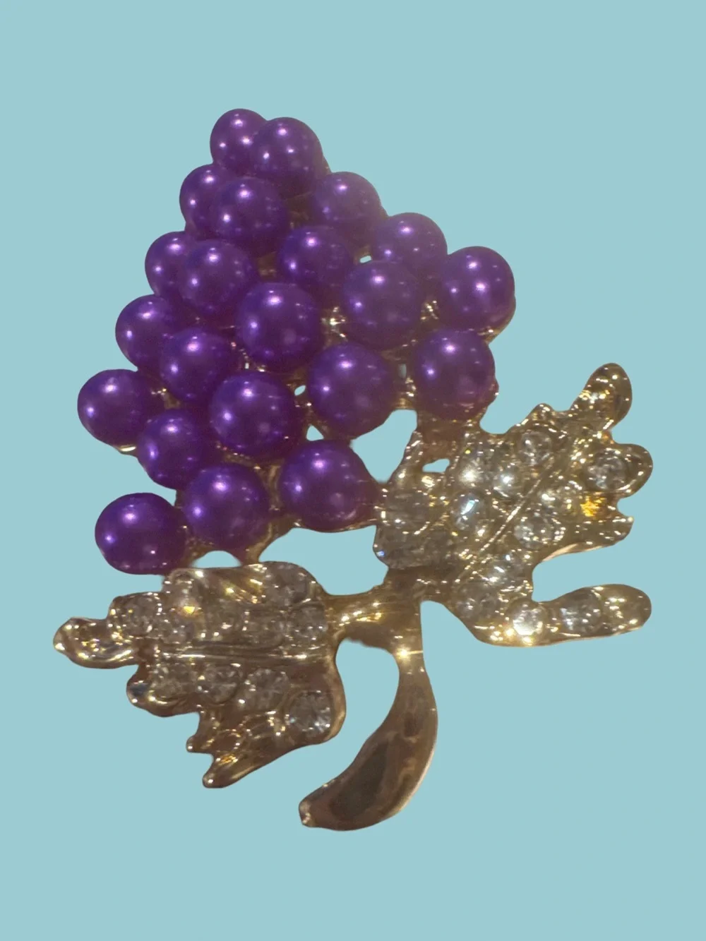 Purple Grape Cluster Brooch - Gold Tone Rhinestone Accent